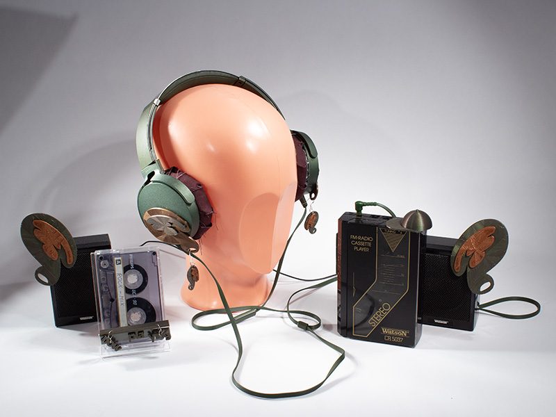 walkman wearing upcycled headphones