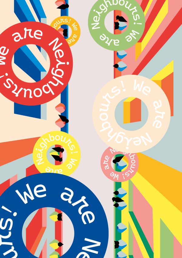 A colourful poster depicting swallow nests under rain gutters, viewed from below